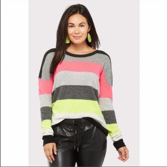 Scott & Scott London Pimicilo Neon Stripe Cashmere Sweater Small Black Gray Pink - Picture 2 of 14
